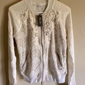 Miss Me Womens size Small zip up sweater with lace appliqué